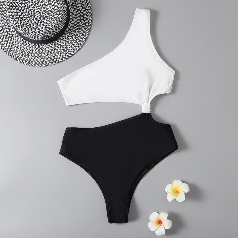 

Two Tone Cut-out One Piece Swimsuit, Black and white