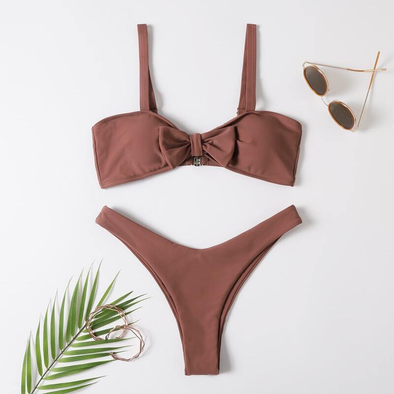 

Bow Decor High Leg Bikini Swimsuit, Brown