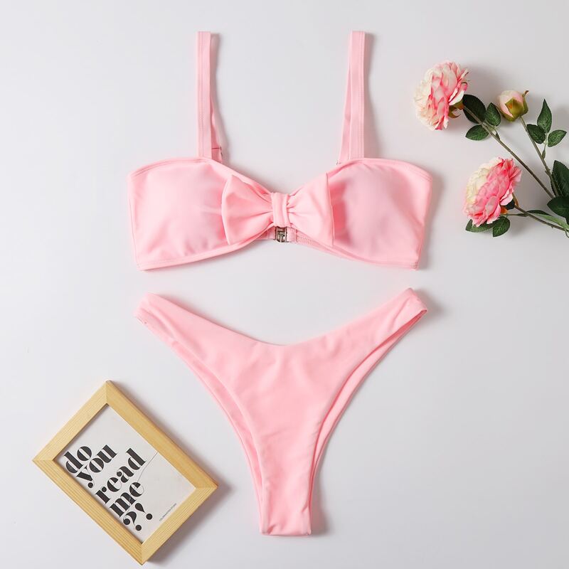 

Bow Decor High Leg Bikini Swimsuit, Pink