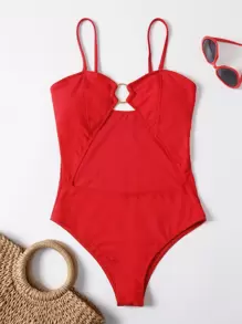 Ring Decor Cut-out One Piece Swimsuit - Red - View 1