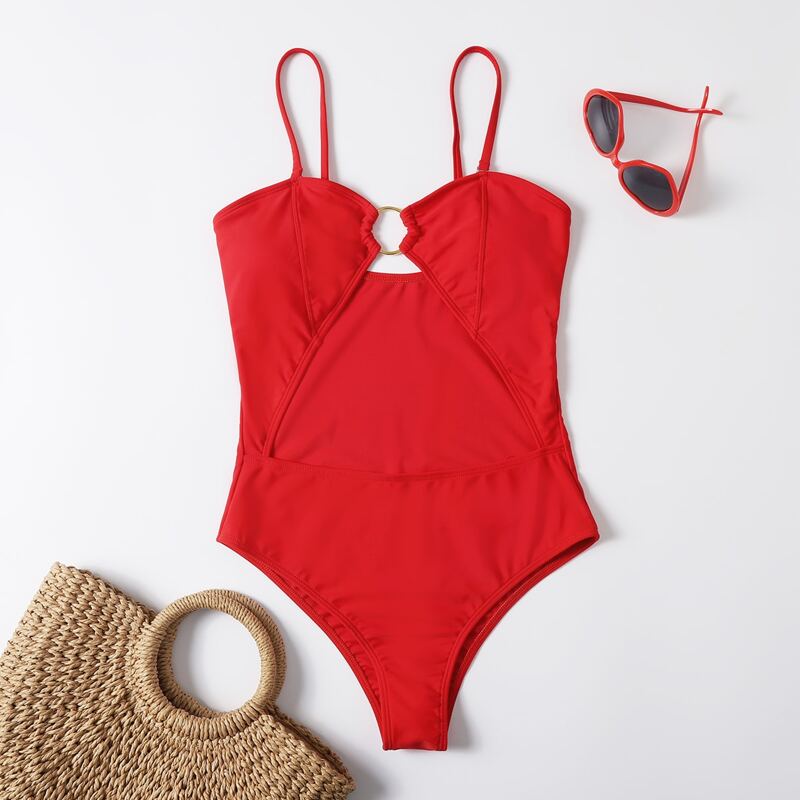 

Ring Decor Cut-out One Piece Swimsuit, Red