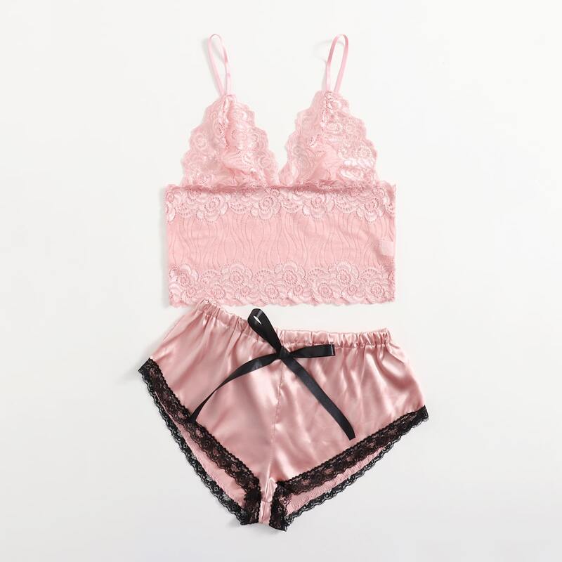 

Lace Longline Bralette & Satin Shorts Lingerie Set, Pink