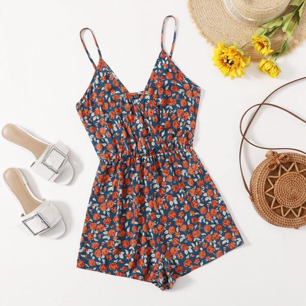 

Floral Surplice Neck Cami Romper, Multicolor