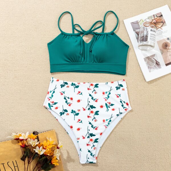 

Floral Rib High Waisted Bikini Swimsuit, Multicolor