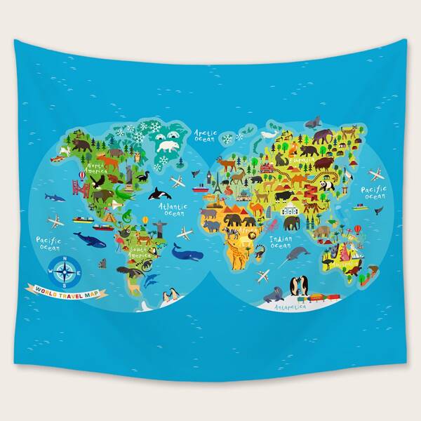

Cartoon Map Print Kids Tapestry, Multicolor