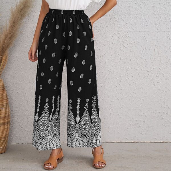 

Graphic Print Wide Leg Pants, Black