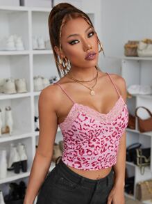 SHEIN Top de tirantes ribete con encaje con estampado de leopardo - Rosa Pálido - Ver 3