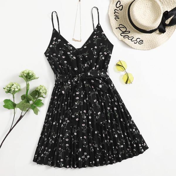 

Ditsy Floral Surplice Neck Belted Slip Dress, Black