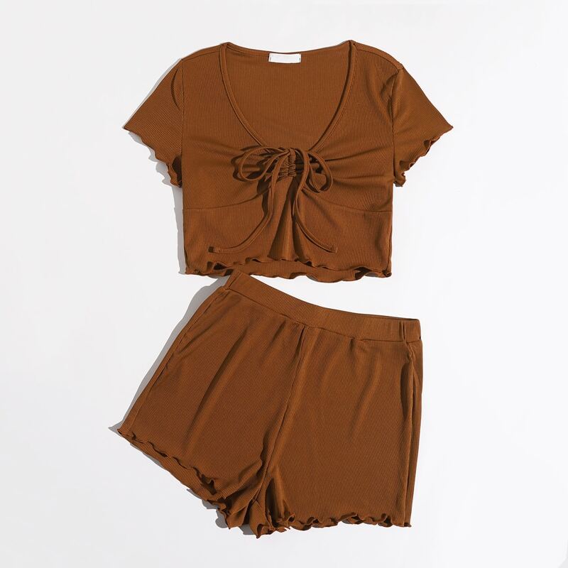 

Solid Drawstring Ruched Lettuce Trim Tee & Shorts, Brown