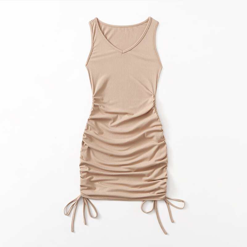 

Solid Ribbed Drawstring Ruched Dress, Khaki