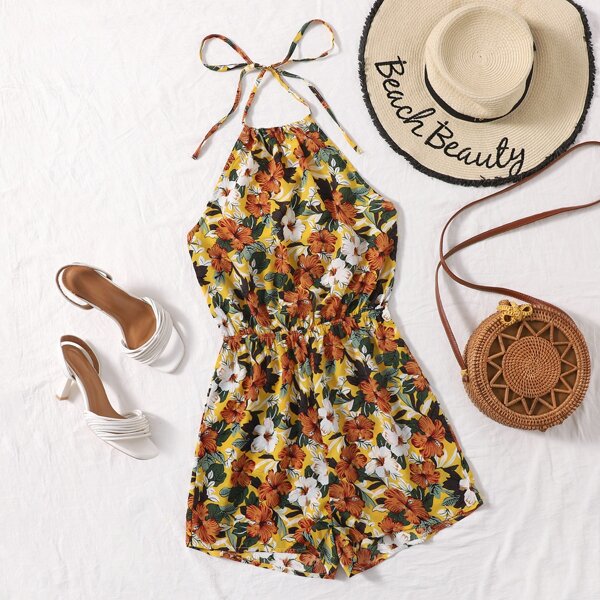

Allover Floral Halter Romper, Multicolor
