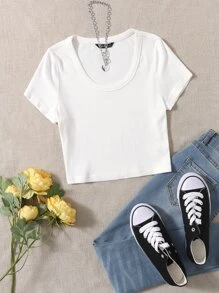 SHEIN EZwear 羅紋針織素色T恤 - 白色 - 查看 1