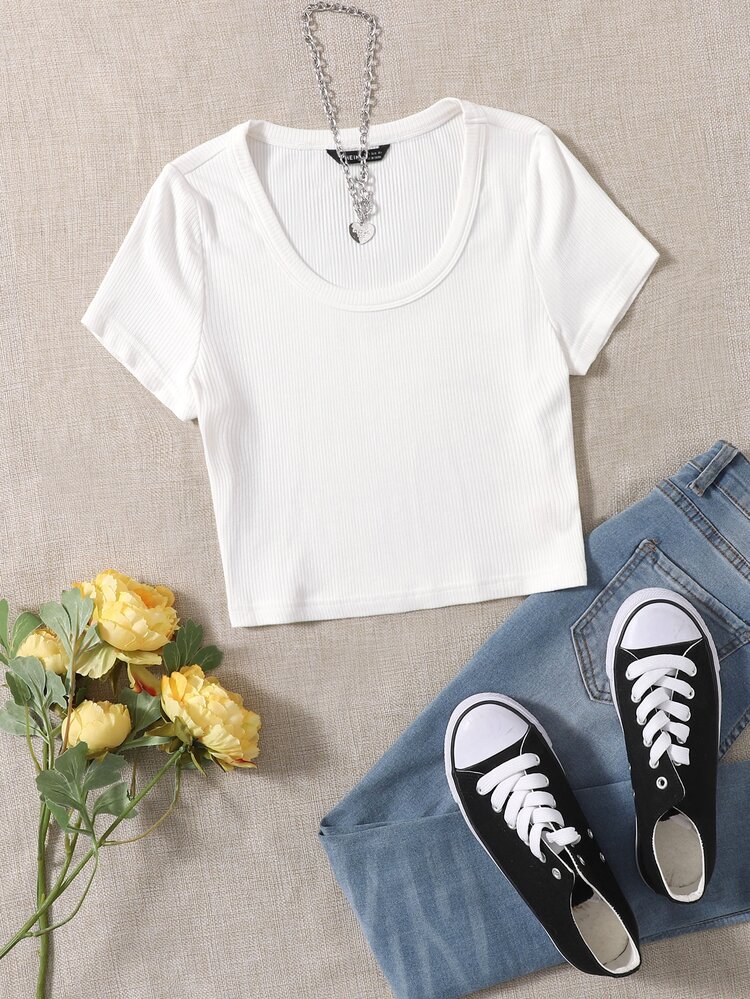 SHEIN EZwear Rib-knit Solid Tee - White - View 1