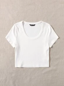 SHEIN EZwear 羅紋針織素色T恤 - 白色 - 查看 3