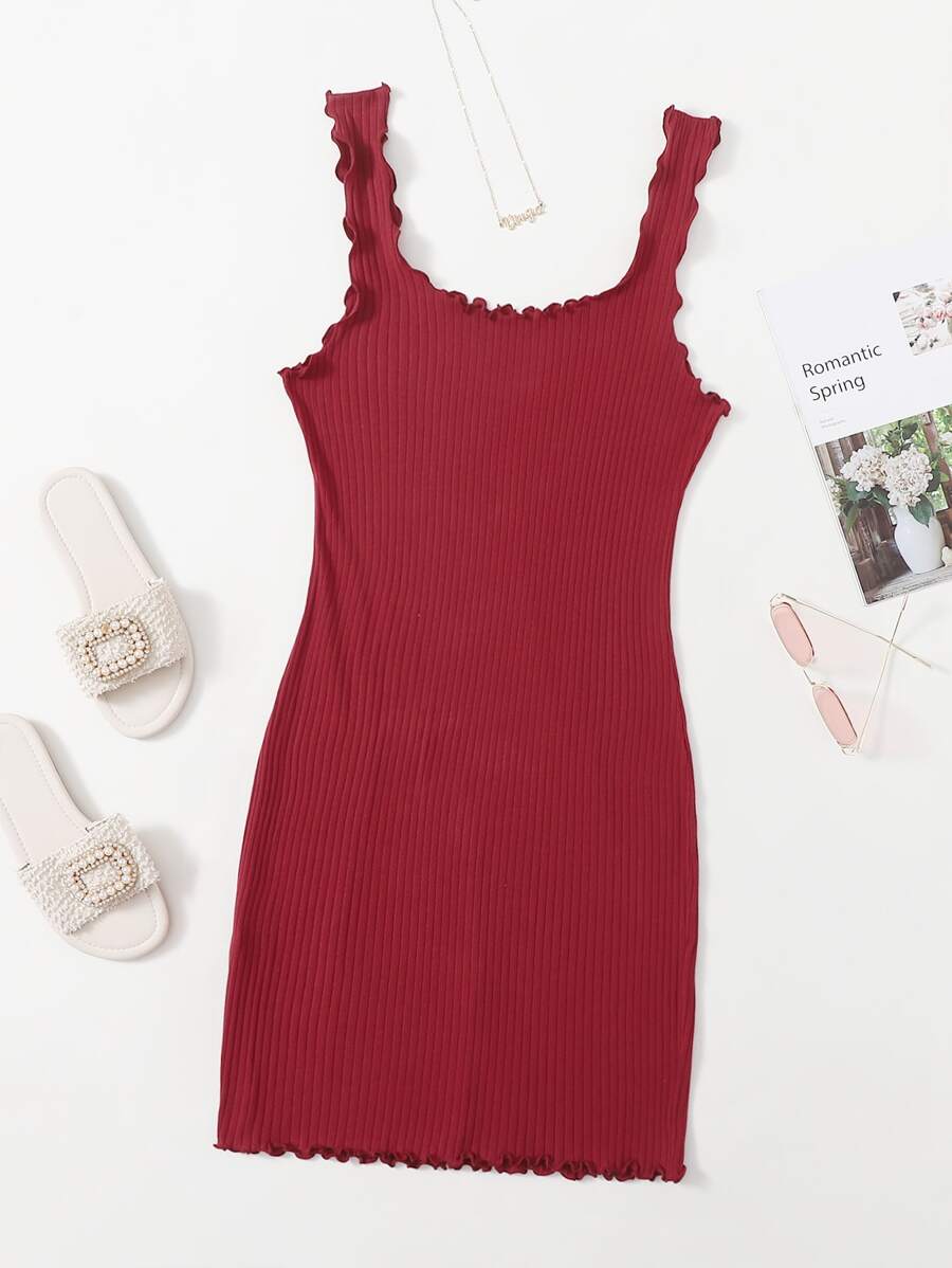 SHEIN Privé Plus Lettuce Trim Rib-knit Bodycon Dress - Burgundy - View 1