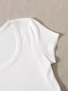 SHEIN EZwear 羅紋針織素色T恤 - 白色 - 查看 5