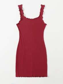 SHEIN Privé Plus Lettuce Trim Rib-knit Bodycon  Dress - Burgundy - View 4