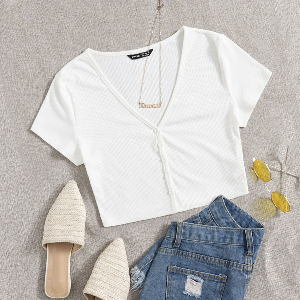 

Single Breasted Rib-knit Solid Tee, White