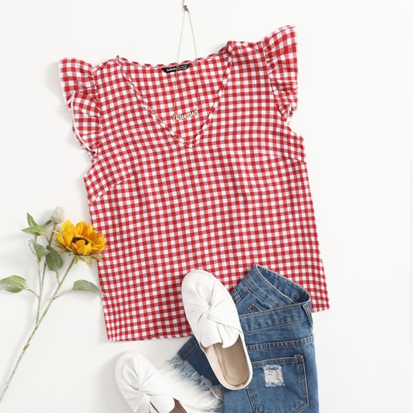 

Gingham Butterfly Sleeve Top, Red and white