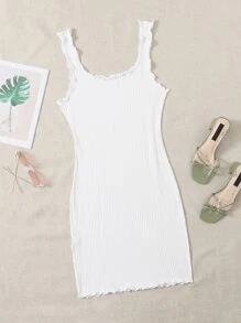 SHEIN Privé Vestido ajustado tejido de canalé ribete en forma de lechuga - Blanco - Ver 1