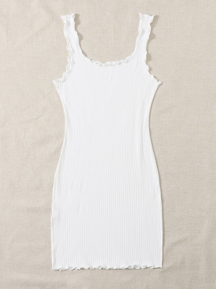 SHEIN Privé Plus Lettuce Trim Rib-knit Bodycon  Dress - White - View 3