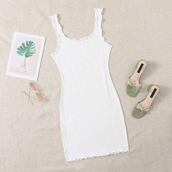 

Plus Lettuce Trim Rib-knit Bodycon Dress, White