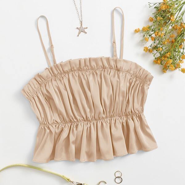 

Ruffle Detail Ruched Satin Cami Top, Apricot
