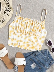 SHEIN Ruched Bust Seam Front Floral Print Cami Top - Multicolor - View 1