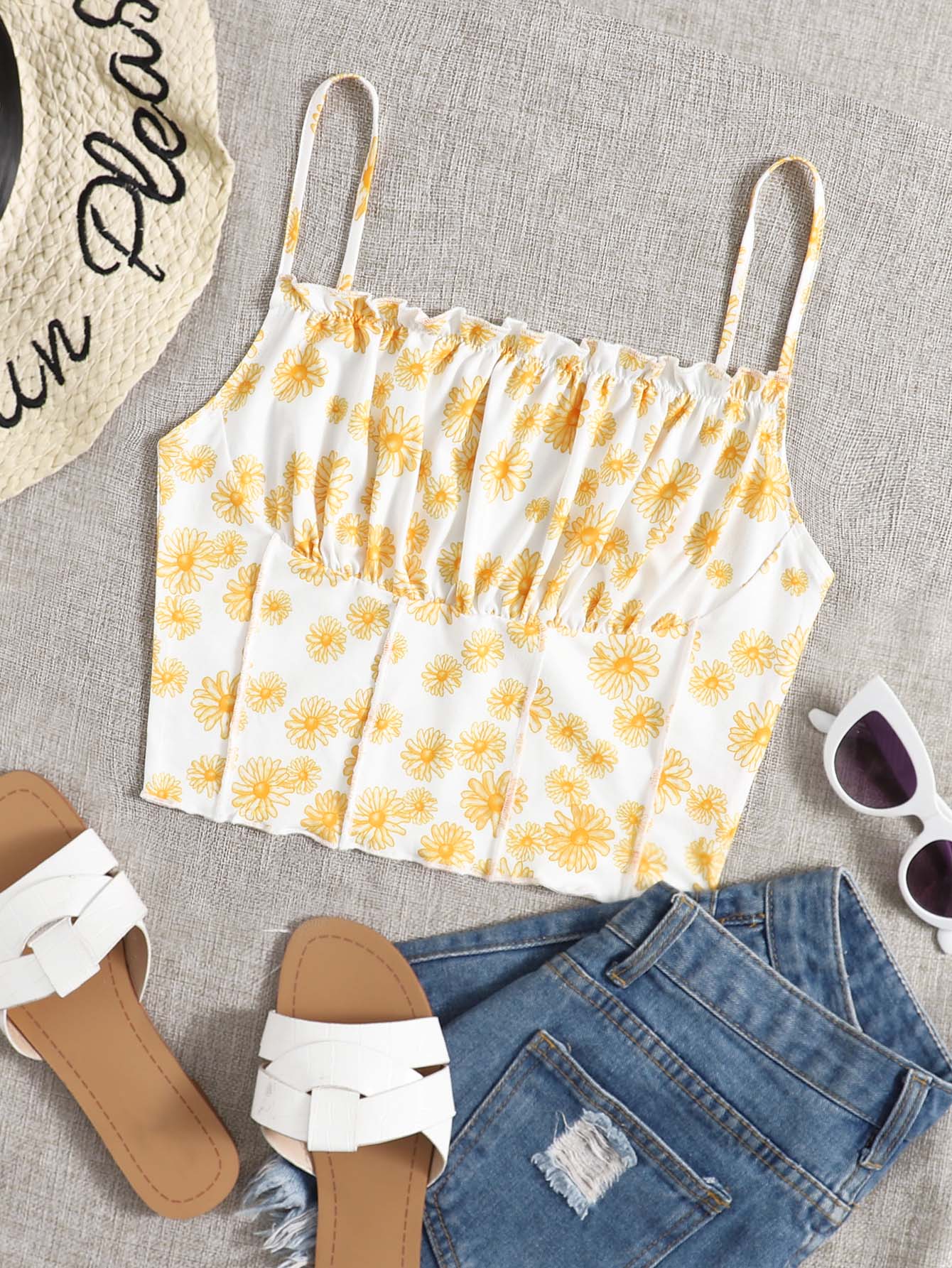 SHEIN Ruched Bust Seam Front Floral Print Cami Top - Multicolor - View 1