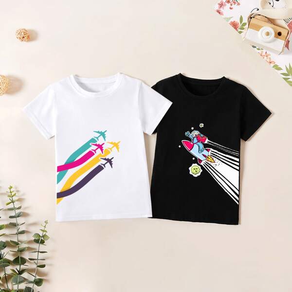 

Toddler Boys 2pcs Cartoon Graphic Tee, Black and white