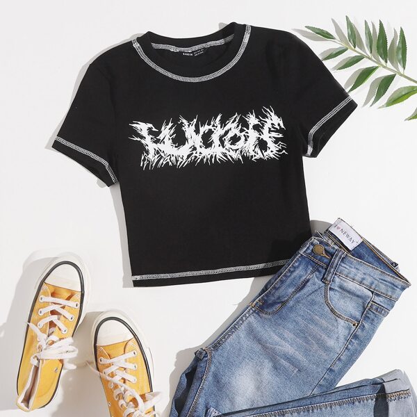 

Graphic Print Contrast Stitch Tee, Black