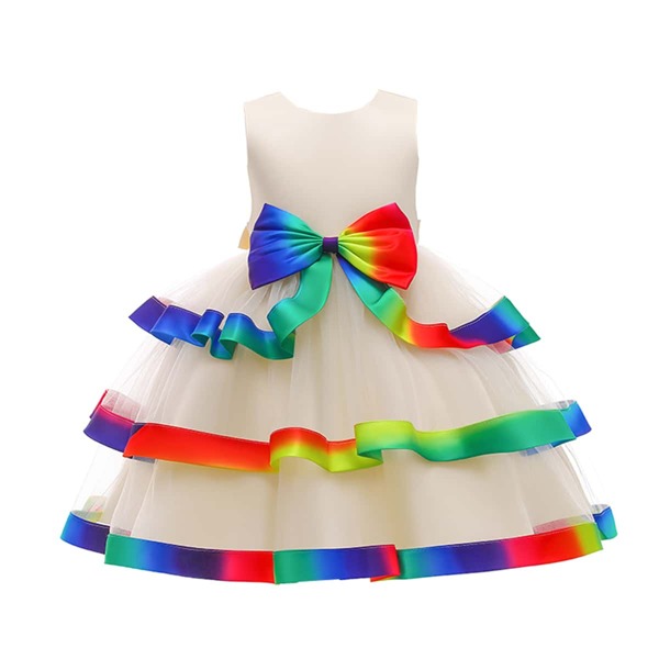 

Girls Big Bow Front Layered Hem Bodice Gown Dress, Beige