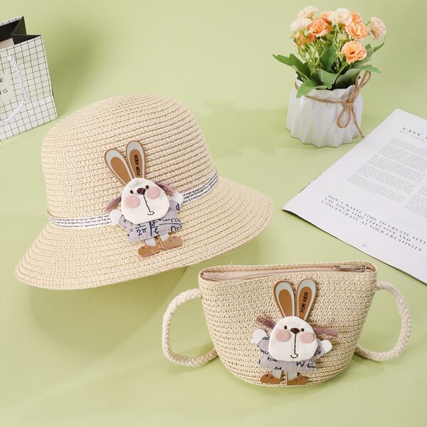 

Girls Cartoon Decor Straw Bag & Hat, Khaki