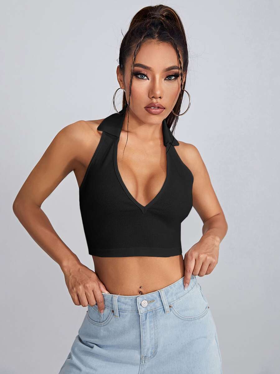 SHEIN Qutie Open Back Crop Halter Top - Black - View 1