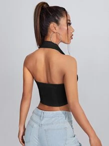 SHEIN Qutie Open Back Crop Halter Top - Black - View 2