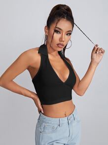 SHEIN Qutie Open Back Crop Halter Top - Black - View 3