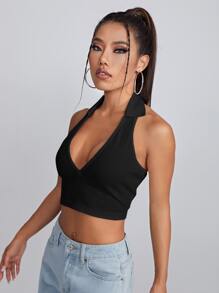 SHEIN Qutie Open Back Crop Halter Top - Black - View 4
