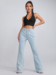 SHEIN Qutie Open Back Crop Halter Top - Black - View 5