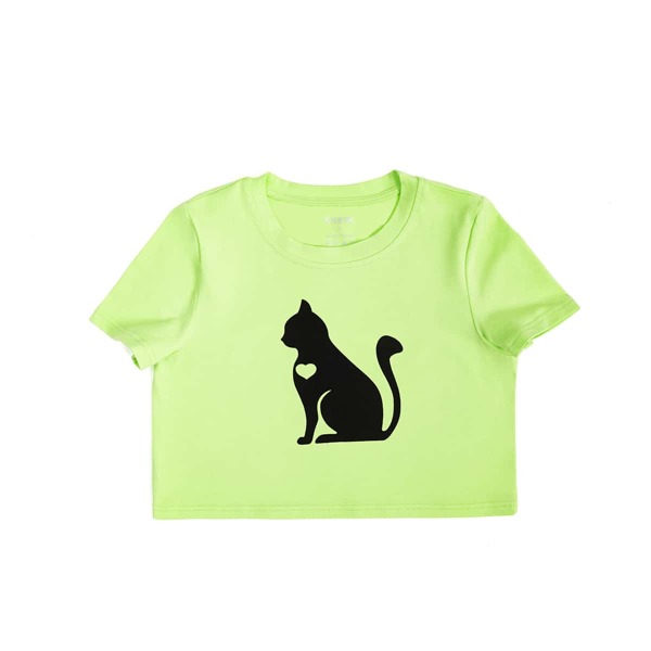 

Heart & Cat Print Crop Tee, Lime green