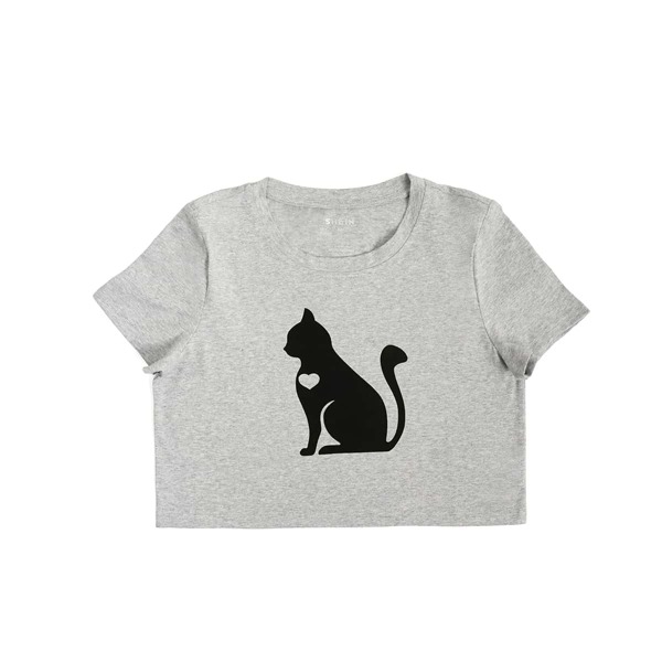 

Heart & Cat Print Crop Tee, Light grey
