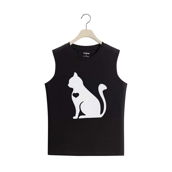

Cartoon Cat & Heart Print Tank Top, Black