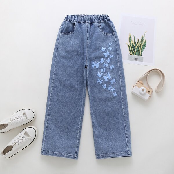

Girls Butterfly Print Wide Leg Jeans, Medium wash