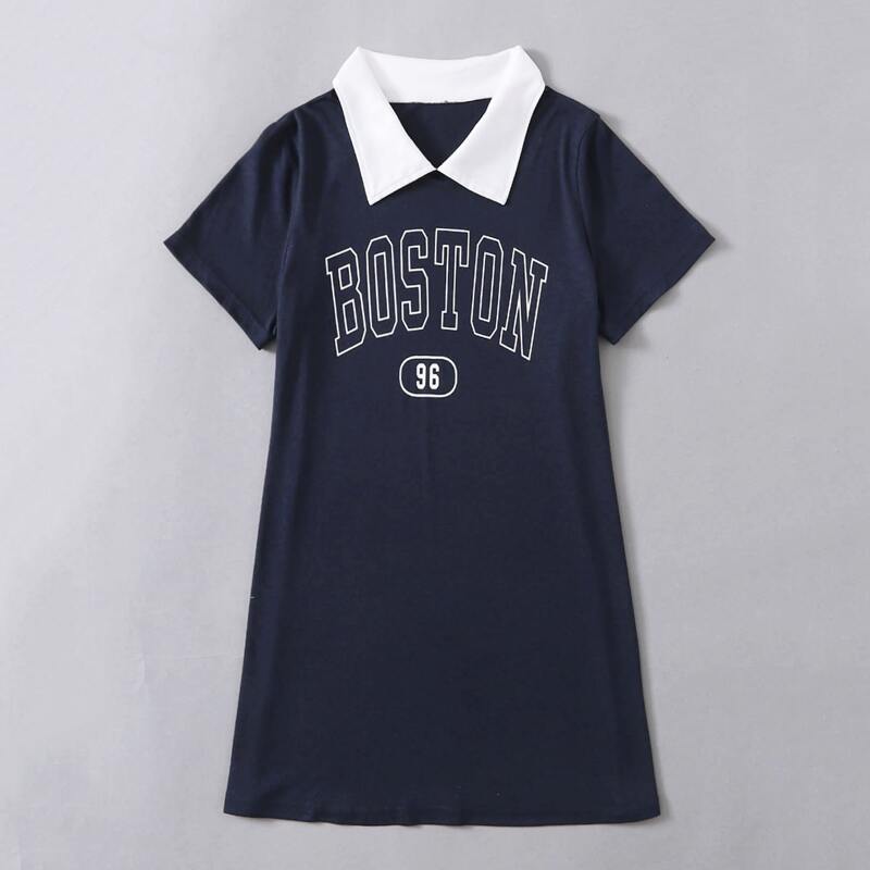 

Letter Contrast Collar Tee Dress, Navy blue