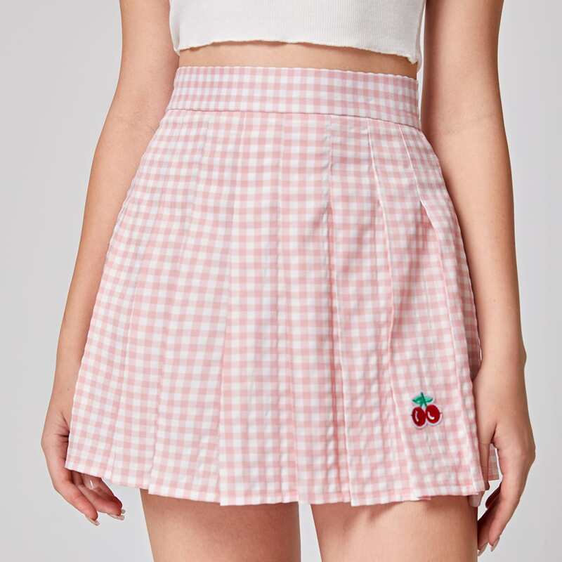 

Cherry Embroidery Gingham Pleated Skirt, Multicolor