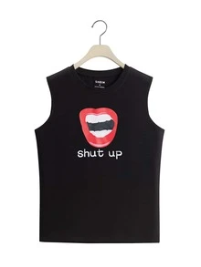 Top tank con slogan & con estampado de labio - Negro - Ver 1