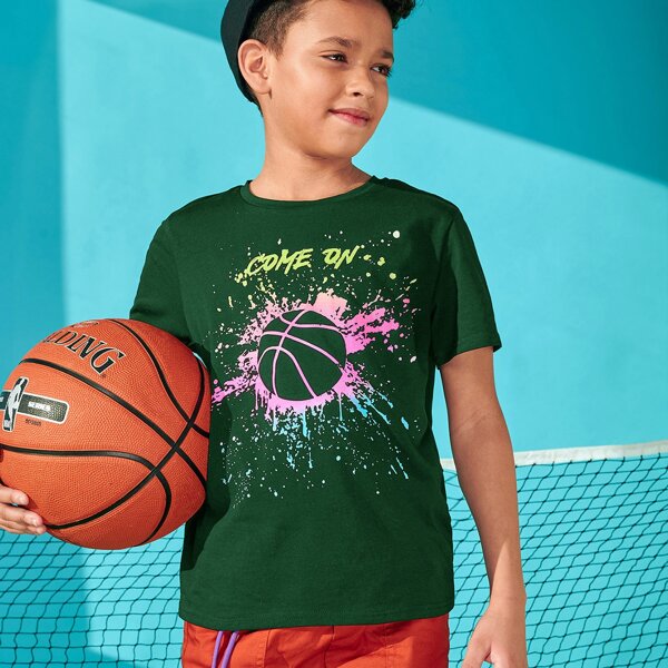 

Boys Basketball and Letter Print Tee, Dark green