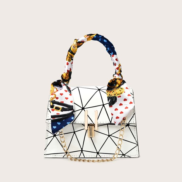 

Twilly Scarf Decor Geometric Satchel Bag, White