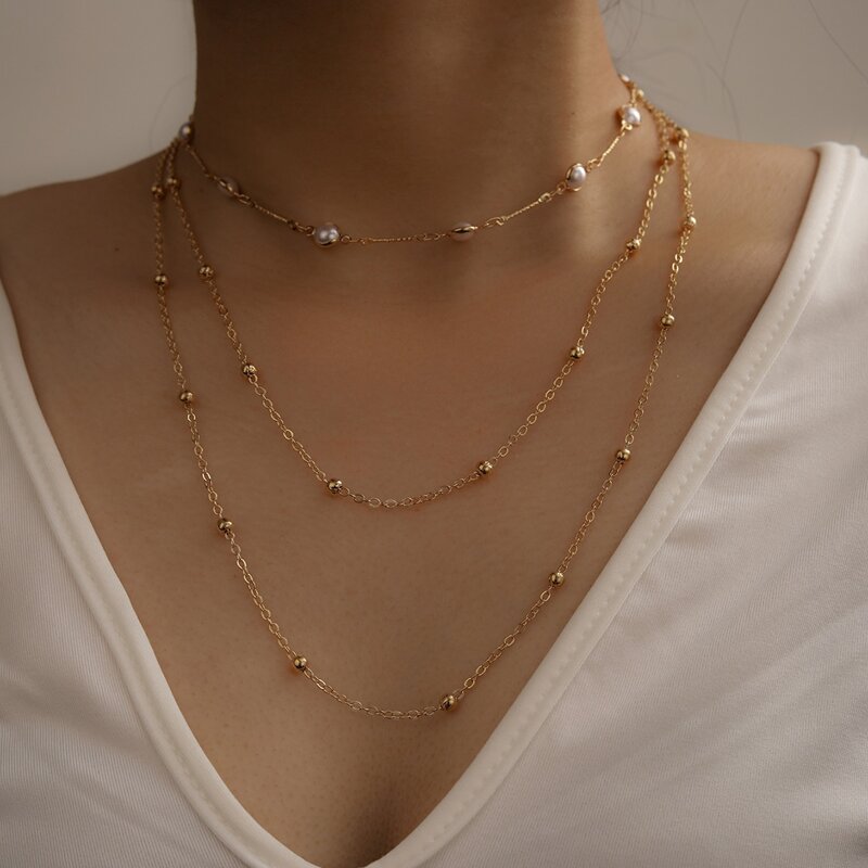 

Faux Pearl Layered Necklace, Gold