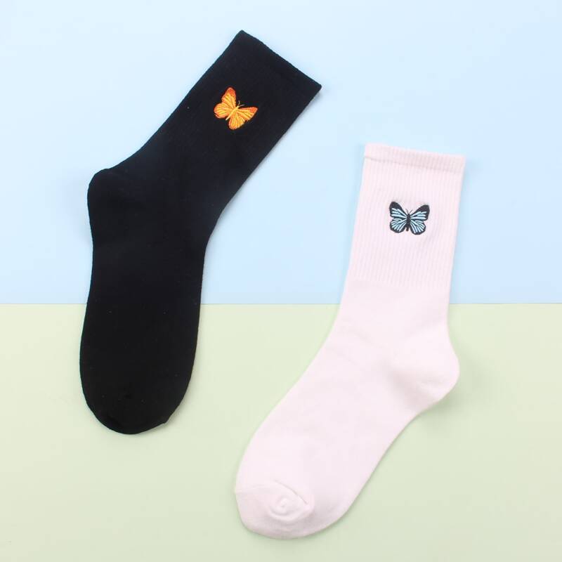

2pairs Butterfly Crew Socks, Black and white