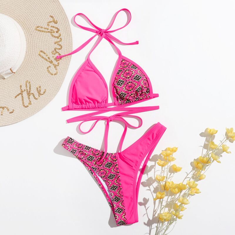 

Geometric Crisscross Halter Bikini Swimsuit, Multicolor